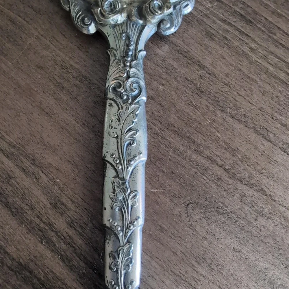 Large Vintage Art Nouveau Hand Mirror Ornate Rose Floral Silver Gold Tone Vanity